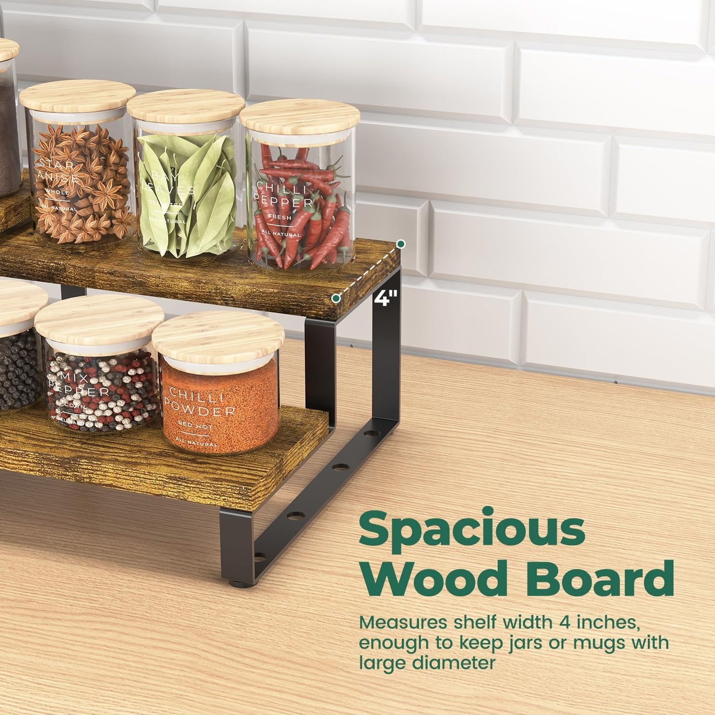 EsLuker.ly Spice Seasoning Rack Organizer Kitchen Countertop, Set of 2 Expandable Wood Spice Shelf Holder Storage, 2 Tier Freestanding Stand for Pantry, Quick Access(Jars Not Included)