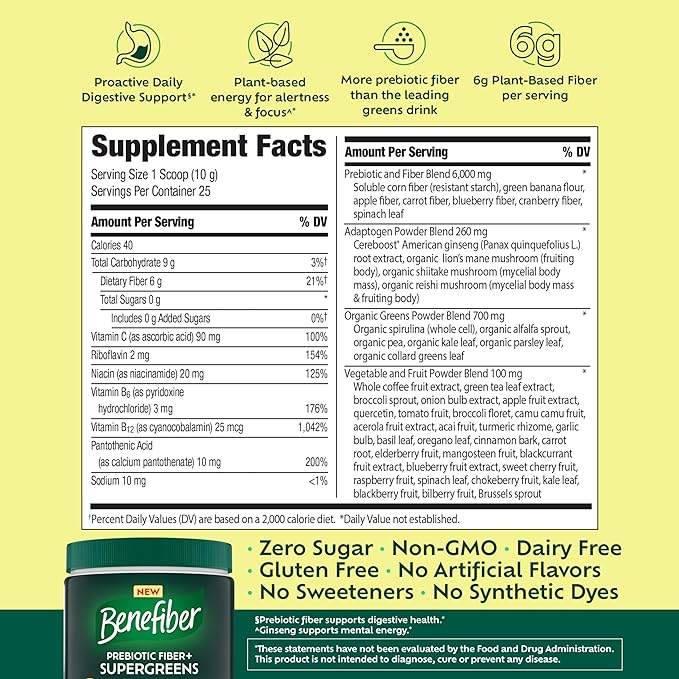 Benefiber Prebiotic Fiber + Supergreens Dietary Supplement Powder, Watermelon Lemonade Flavor, 8.8 oz (250g), 25 Day Supply