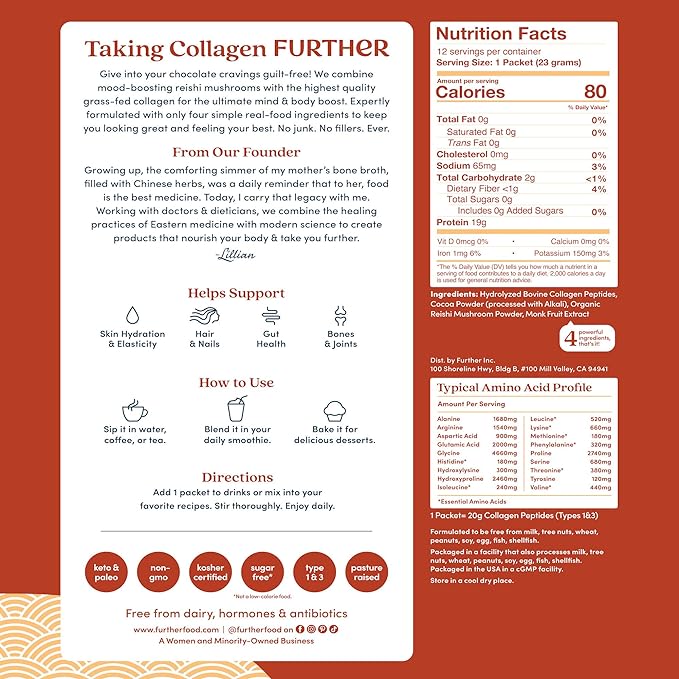 Further Food Chocolate Collagen Peptides Powder Stick Packs, Grass-Fed Pasture-Raised Hydrolyzed Type 1 & 3 Protein, Gut Health + Joint, Hair, Skin, Nails, Paleo Keto Sugar-Free 9.74 oz