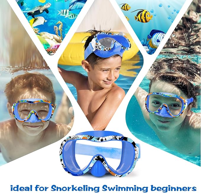 Kids Swim Goggles with Nose Cover, 180° Panoramic Snorkel Mask with Anti-Fog & Anti-Leak Design, Comfort Fabric Strap UV Protection Lens for Boys Girls Ages 3-15