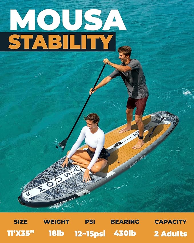 MOUSA 10β8/11'Γ35" Extra Wide Inflatable Stand Up Paddle Board, Stable Paddleboard SUP for 2 People/Family, Anti-Slip Full EVA Deck, 3 Handles, 100L Backpack, All-Round Sup Board, Big Fin