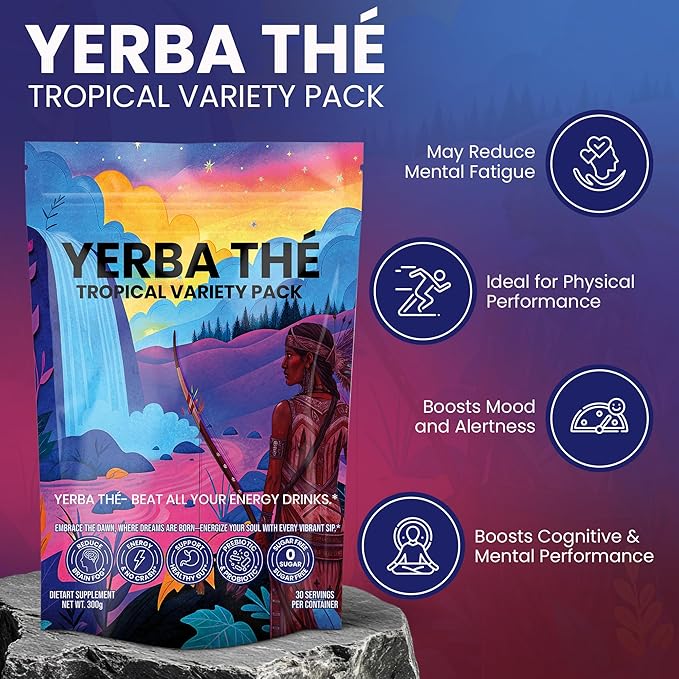 Yerba Mate Tea Powder 5 Mixed Tropical Fruit Flavors Clean Energy Drink Superfood - Support Gut Health, Probiotics and Prebiotics, Reduce Brain Fog, Relaxation & Focus Blend 30 sachets