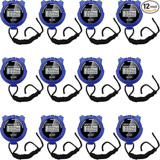 TOODOO 12 Pack Multi Function Digital Stopwatch Timer Bulk Sports Stopwatch with Lanyard Plastic Display Waterproof Date Time Alarm Timer for Coaches Fitness Referees
