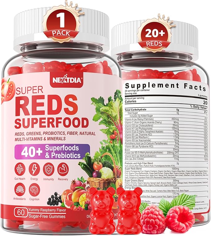 Super Reds Gummies, Fruit and Veggie Supplement w/40+ Superfoods, Polyphenol, Fruits Berries, Super Greens, Beet Root Powder Alternative, Support Energy, Antioxidants, Gut Health, Immunity, 60Cts