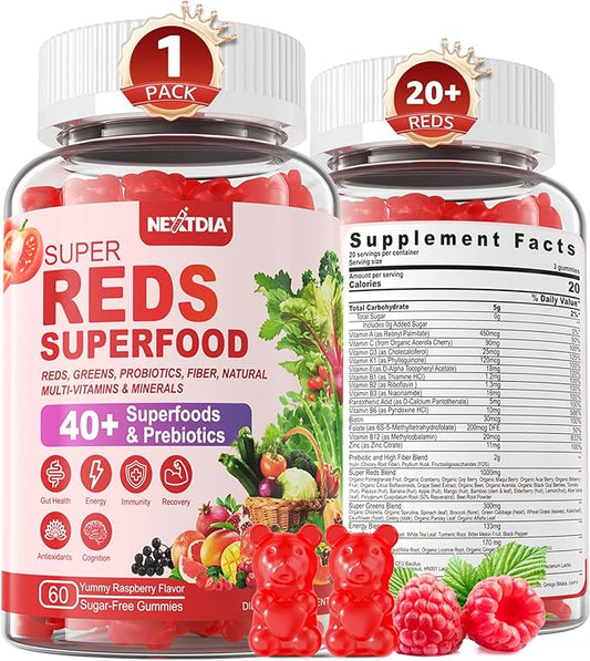 Super Reds Gummies, Fruit and Veggie Supplement w/40+ Superfoods, Polyphenol, Fruits Berries, Super Greens, Beet Root Powder Alternative, Support Energy, Antioxidants, Gut Health, Immunity, 60Cts