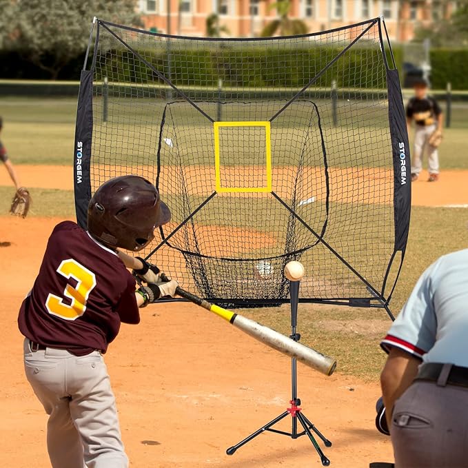 Storgem Baseball and Softball Practice Net 7×7ft Portable Hitting Pitching Batting Training Net Baseball Backstop Net with Batting Tee and Strike Zone and Bow Frame