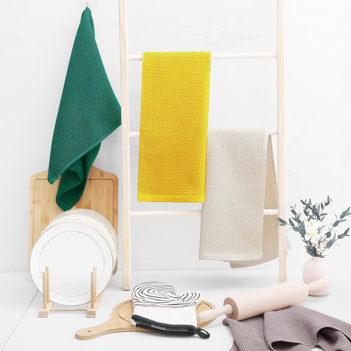 Homaxy 100% Cotton Waffle Weave Kitchen Dish Towels, Ultra Soft Absorbent Quick Drying Cleaning Towel, 13 x 28 Inches, 6-Pack, Dark Green