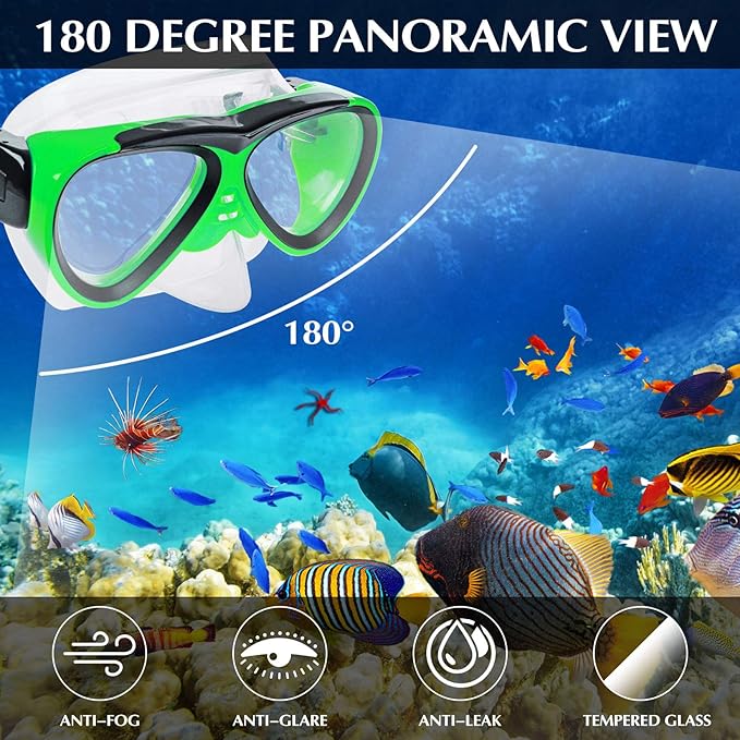 GreenLF Kids Snorkel Set, Anti-Fog Snorkeling Mask with Nose Covers for Youth Junior Child, Boys & Girls Age 5-12, Semi-Dry Diving Scuba Swimming Goggles Gear Packages