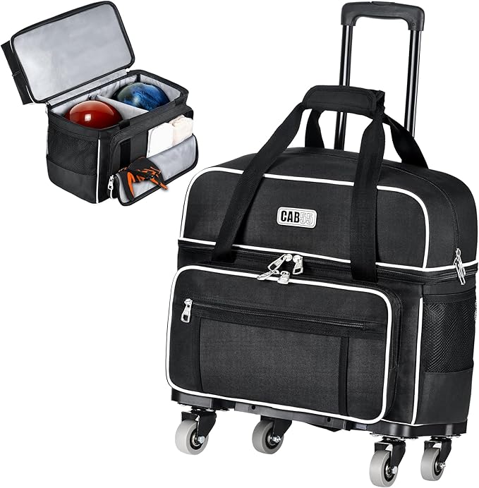 CAB55 2 Ball Bowling Bag with 4 Wheels, Double Bowling Ball Bag with Separate Shoe Compartment, (Up To US Men Size 16), and Multiple Multifunctional Accessory Pockets
