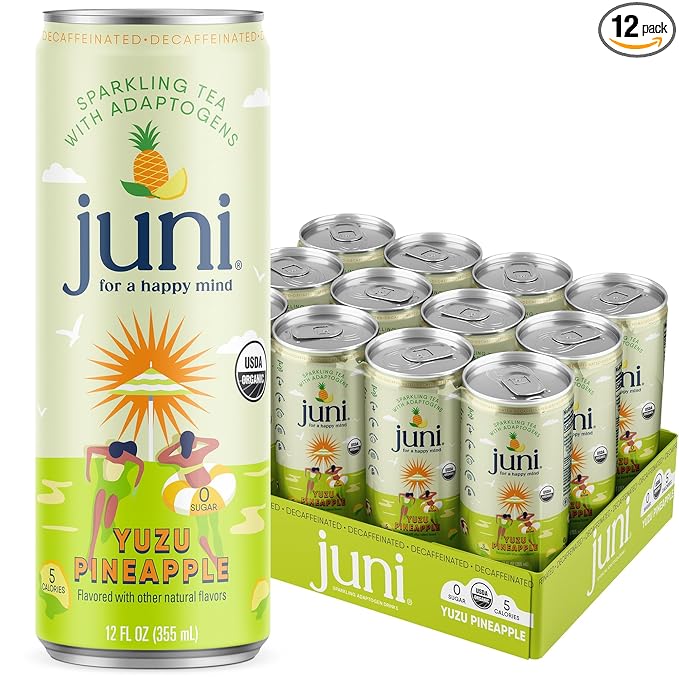 Juni Sparkling Adaptogen Drink with Ashwagandha, Lion’s Mane & Reishi Mushrooms | Green Tea for Focus, Zero Sugar, 5 Calories | Decaffeinated, Non Alcoholic Drinks - Yuzu Pineapple 12 pack