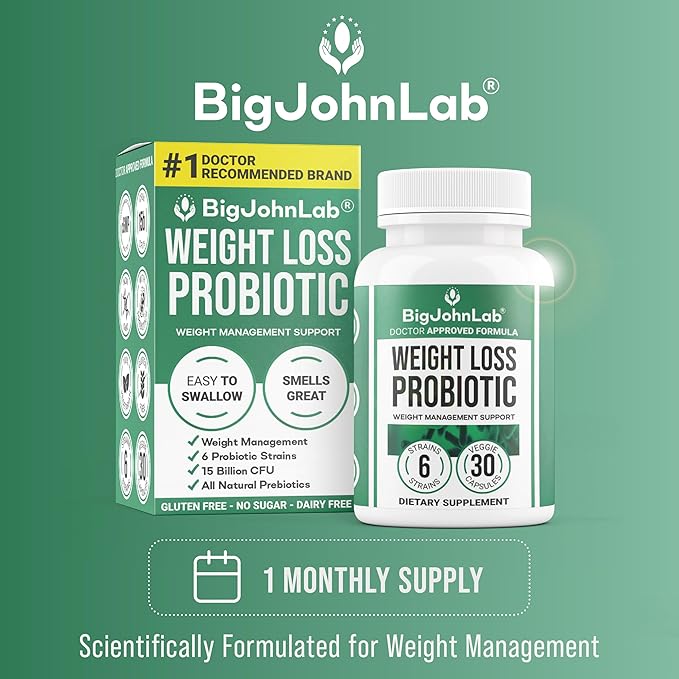 BIGJOHNLAB® - Probiotics for Weight Management & Bloating - 6 Probiotic Strains - Prebiotics - Key Ingredient Cayenne & Green Tea - Supports Gut Health - Weight Management for Women & Men - 30 CT