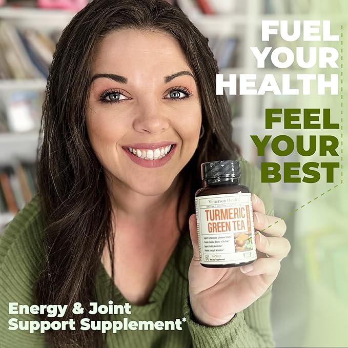 Turmeric Supplement & Green Tea Extract Capsules. Green Tea Supplement with Organic Turmeric Curcumin with Black Pepper & Vitamin C for Joint Health, Antioxidant Support & Healthy Metabolism. 2 Pack