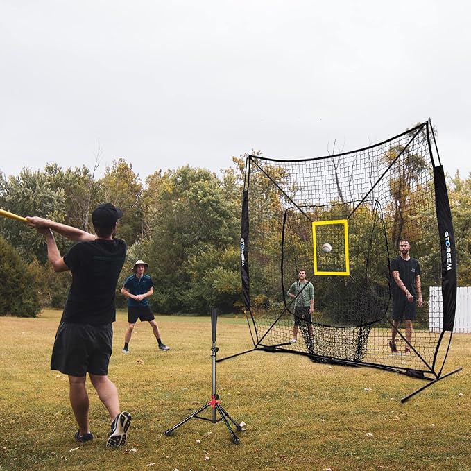 Storgem Baseball and Softball Practice Net 7×7ft Portable Hitting Pitching Batting Training Net Baseball Backstop Net with Batting Tee and Strike Zone and Bow Frame