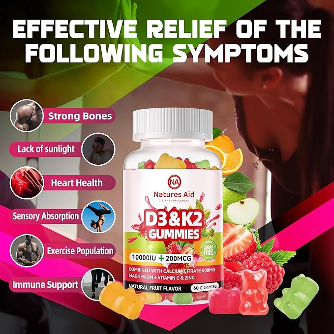 Sugar-Free Vitamin D3 K2 Gummies with Calcium + K2 (MK-7), Magnesium Citrate, Vitamin C, Extra Strength - Ultimate Absorption for Bone Muscle Teeth Immune, Vegan - 60 Gummies