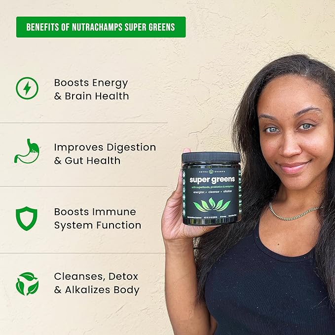NutraChamps Super Greens Powder Premium Superfood | 20+ Organic Green Veggie Whole Foods | Wheat Grass, Spirulina, Chlorella | Antioxidant, Digestive Enzyme & Probiotic Blends (9.0 Oz, Berry)