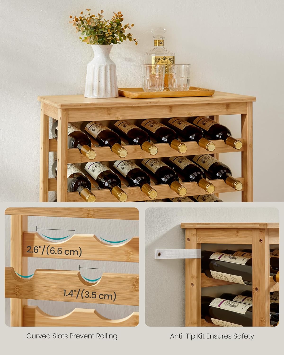 SONGMICS 42-Bottle Wine Rack Free Standing Floor, 7-Tier Display Wine Storage Shelves with Table Top, Bamboo Wobble-Free Bottle Holder for Kitchen Bar Dining Room Living Room, Natural UKWR27NL