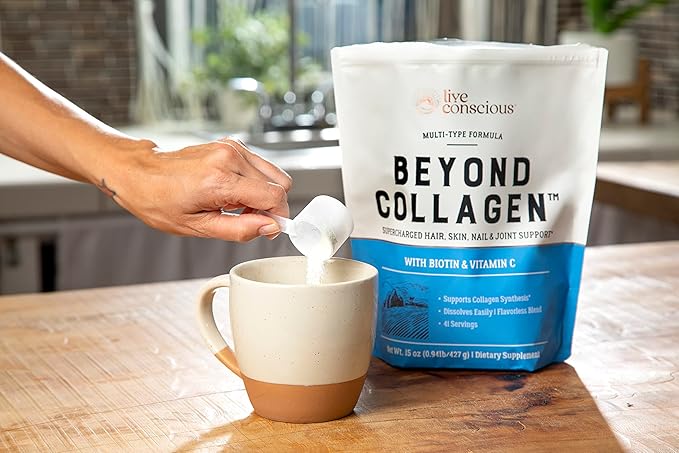 Live Conscious Beyond Collagen Multi Collagen Powder - Types I, II, III, V & X | Keto Friendly, Hydrolyzed Blend with Biotin & Vitamin C (2-Pack)