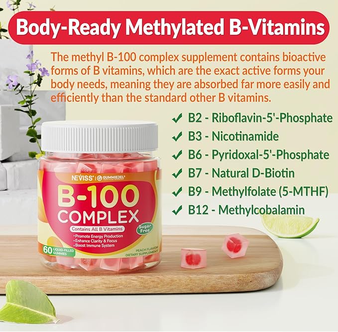 2 Pack Vitamin B Complex Gummies for Women & Men, All B Vitamins - Methyl B12, MTHF Folate, B1, B2, B3, B5, B6, Biotin w/ Vitamin C, Choline, Inositol, PABA for Energy, Brain & Immunity, Sugar Free