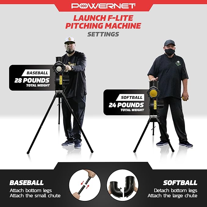 PowerNet Launch F-lite Softball & Baseball Pitching Machine, Dimpled Practice Balls, Bucket of Baseballs, Coaching Bucket Bundle for Pitching Machine, Baseball Training Equipment