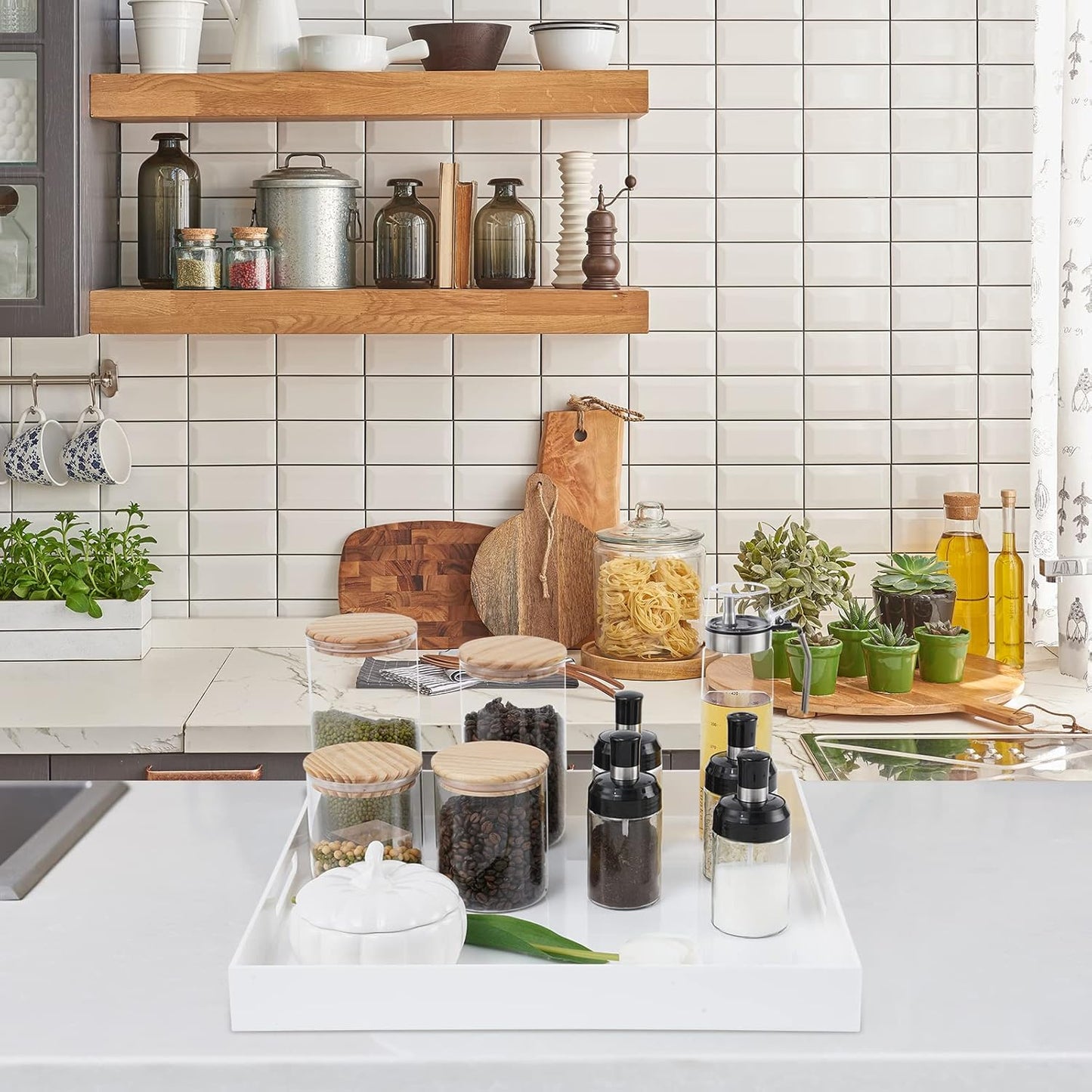 18×18 Inches Glossy White Acrylic Serving Tray with Handles Extra Large Ottoman Tray Decorative Trays Spill-Proof Coffee Table Space Saver Oversize Counter top Organizer Platter with Safe Edge