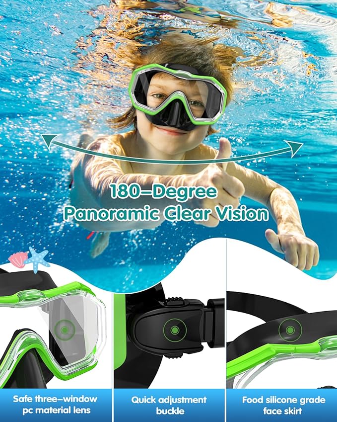 W WSTOO Kids Swim Goggles with Nose Cover,Snorkel Diving Swimming Mask for Youth 5-15,HD 3-Window Wide Vision Anti-Shattered Lens Anti-Fog&Leak