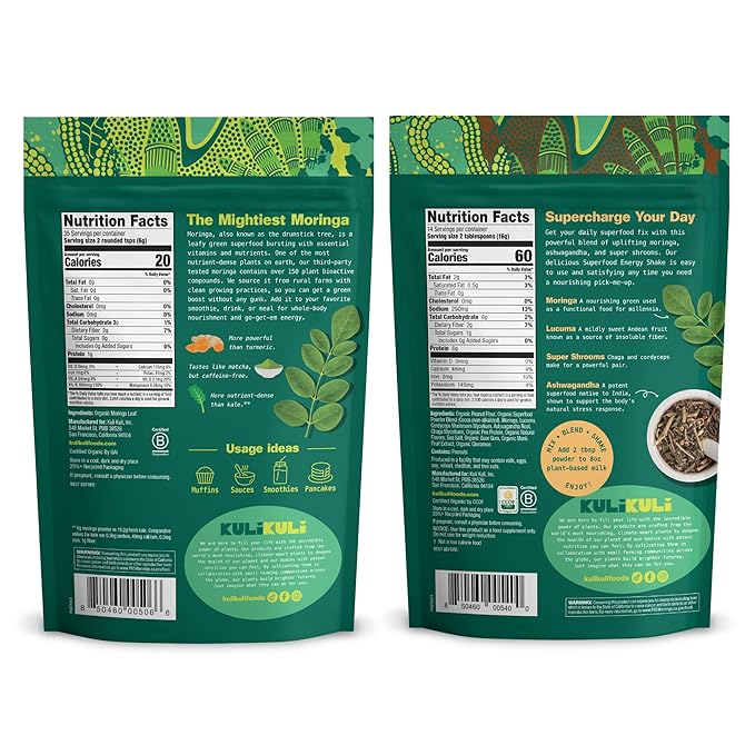 Kuli Kuli Moringa Oleifera Organic Leaf Powder & Green Smoothie, 100% Pure USDA Certified & Non-GMO Moringa Powder, Great with Smoothies, Tea, and Food, Combo Pack