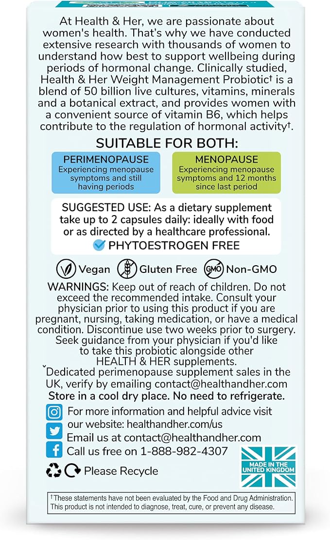 Health & Her Weight Management Probiotics for Women - Perimenopause & Menopause Supplement - Clinically Studied 50bn CFU Probiotics to Support Gut Health, Energy, Mood & Mind, Vegan (60 ct - 1 Month)