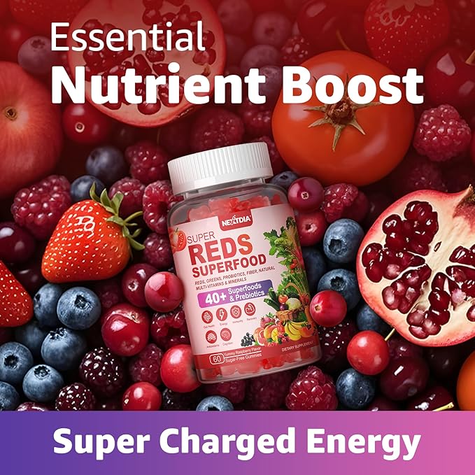 Super Reds Gummies, Fruit and Veggie Supplement w/40+ Superfoods, Polyphenol, Fruits Berries, Super Greens, Beet Root Powder Alternative, Support Energy, Antioxidants, Gut Health, Immunity, 60Cts