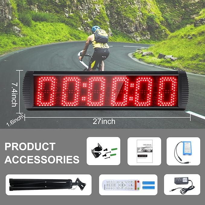 Large LED Display Digital Race Timer with Battery,Function-Countdown/Up/Time Clock, Remote Control, Tripod Stand and Adjustable Brightness for Sports Events, Races, Meetings, Presentations