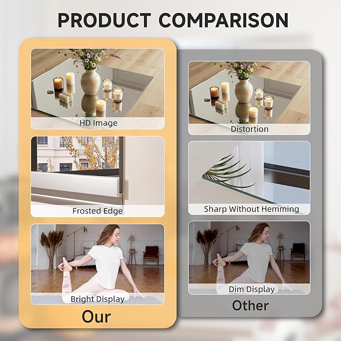 Hasipu Home Gym Mirror, 55.1" x 23.6" x 2 PCS Frameless Wall Mounted Mirrors, Large Body Mirror for Home Gym, Yoga Studio, Bedroom, Silver Tempered Glass