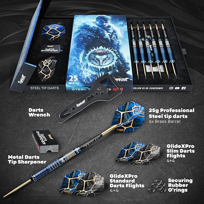 IgnatGames Premium Steel Tip Darts – 3/6/12 Pack Brass Barrels with Aluminum Shafts, 16 GlideXPro Flight Set, Tool Kit & Giftable Case