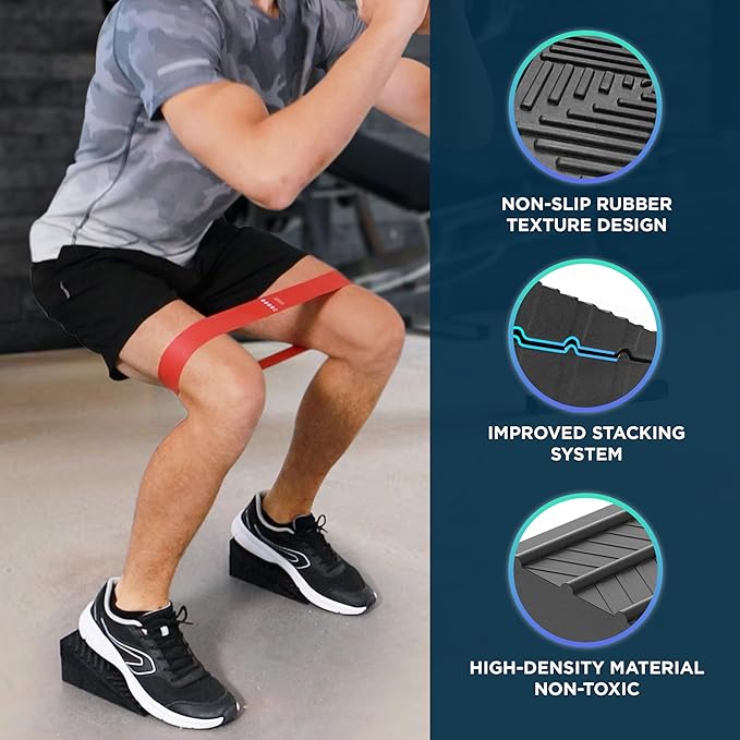 Adjustable Non-Slip Rubber Slant Board for Squats (4PC Squat Wedge Blocks) with 5 Resistance Bands ā Heel Elevated Calf Stretcher & Calf Raise Block for Strength Training, Mobility & Balance