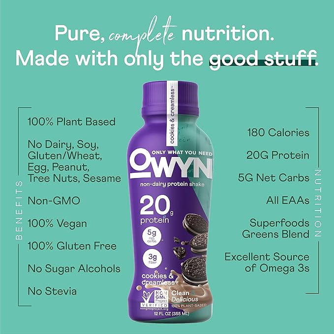 OWYN Only What You Need Plant Based Protein Shake, 20g Vegan Protein from Organic Pumpkin Seed, Flax, Pea Blend, Prebiotic Supplement, Superfood Greens, Gluten & Soy-Free (Variety Pack, 12 Pack)