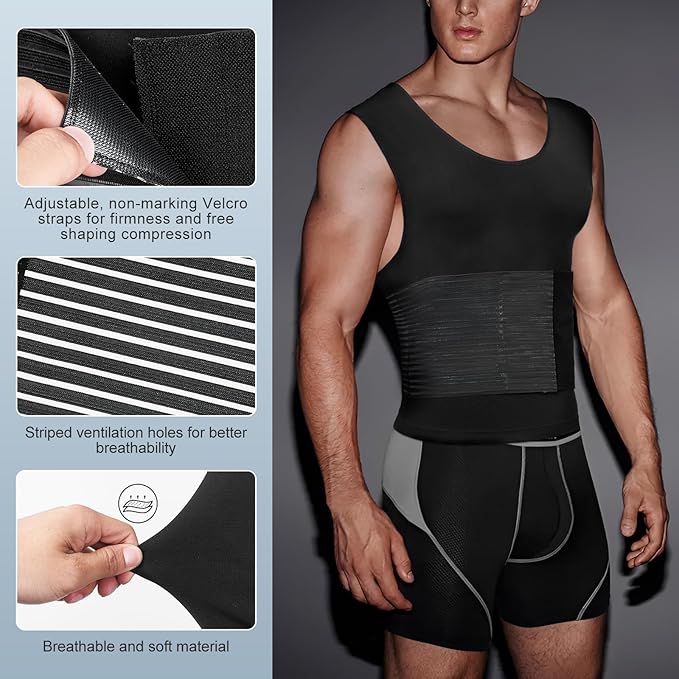 Odoland Men Body Shaper Compression Shirt, Adjustable Velcro Waist Trimmer Belt Intensity, Slimming Shapewear Tummy Control