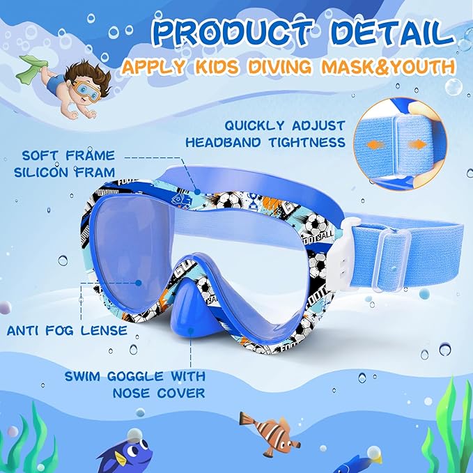 Kids Swim Goggles with Nose Cover, 180° Panoramic Snorkel Mask with Anti-Fog & Anti-Leak Design, Comfort Fabric Strap UV Protection Lens for Boys Girls Ages 3-15