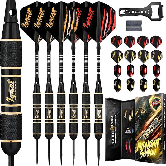 IgnatGames Premium Steel Tip Darts – 3/6/12 Pack Brass Barrels with Aluminum Shafts, 16 GlideXPro Flight Set, Tool Kit & Giftable Case