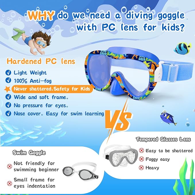 Kids Swim Goggles with Nose Cover, 180° Panoramic Snorkel Mask with Anti-Fog & Anti-Leak Design, Comfort Fabric Strap UV Protection Lens for Boys Girls Ages 3-15