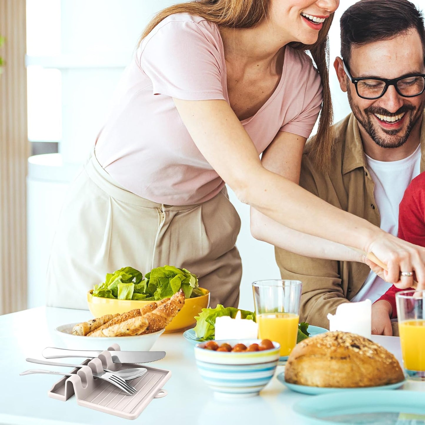 2-PACK 600°F Heat Resistant Silicone Spoon Rest, Multiple Utensil Rest, BPA Free Easy to Clean Dishwasher Safe, Khaki