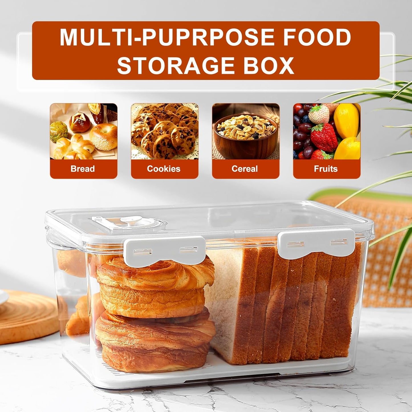 Bread Box for Kitchen Countertop, 2 Pack Airtight Bread Storage Container,Time Recording Bread Holder with Lid,Bread Keeper for Homemade Bread, Toast, Bagel, Donut and Cookies(White)