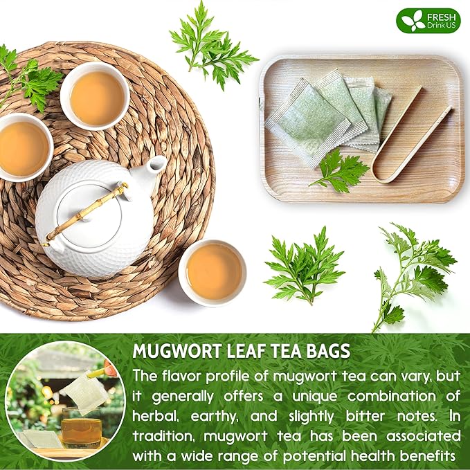 FreshDrinkUS, Premium 25 Mugwort Leaf Tea Bags, 100% Natural and Pure Mugwort Leaves. Loose Leaf Mugwort Herbal Tea. Mugwort Leaf Tea. No Sugar, No Caffeine, No Gluten, Vegan. (25 Tea Bags)