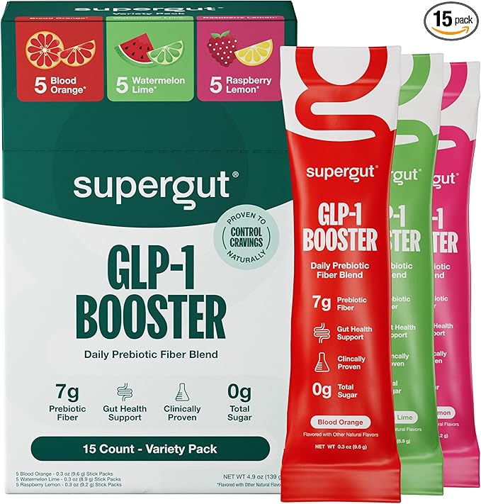 Supergut Gut Healthy Flavored GLP-1 Booster, Variety Pack - High Fiber GLP-1 Supplement Powder for Women & Men - Sugar-Free Drink Mix for Gut Health & Digestive Support (15 Servings)