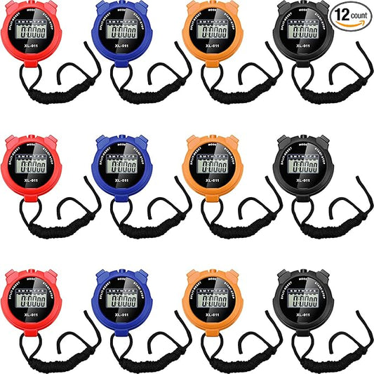 TOODOO 12 Pack Multi Function Digital Stopwatch Timer Bulk Sports Stopwatch with Lanyard Plastic Display Waterproof Date Time Alarm Timer for Coaches Fitness Referees