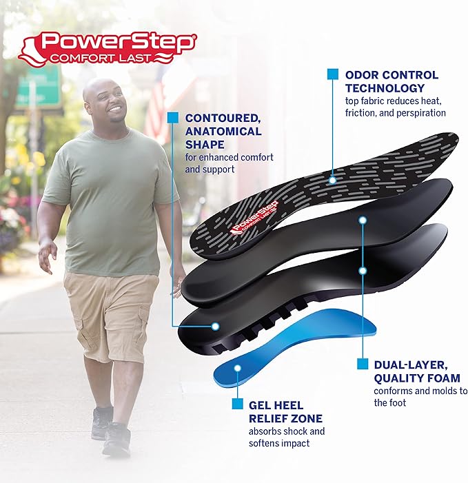 PowerStep Comfort Last Insoles, Cushioning Gel Insoles for Standing All Day, Supports Metatarsal Pain, Foot Arch, Heel Pain, All Day Comfort, Made in The USA (Men's 5-6.5 / Women's 7-8.5)