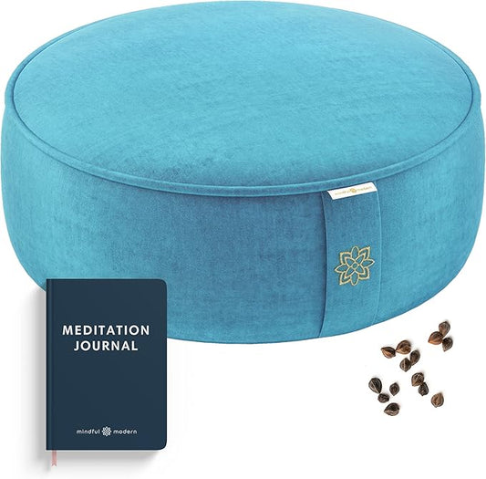 Mindful & Modern Velvet Meditation Cushion | Luxe Zafu Yoga Floor Pillow Seat | Posture Support | Buckwheat Hull Filled | Large Round Cushion with Removable Washable Cover + Carry Handle | Color Teal