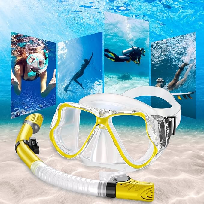Greatever Dry Snorkel Set,Panoramic Wide View,Anti-Fog Scuba Diving Mask,Professional Snorkeling Gear