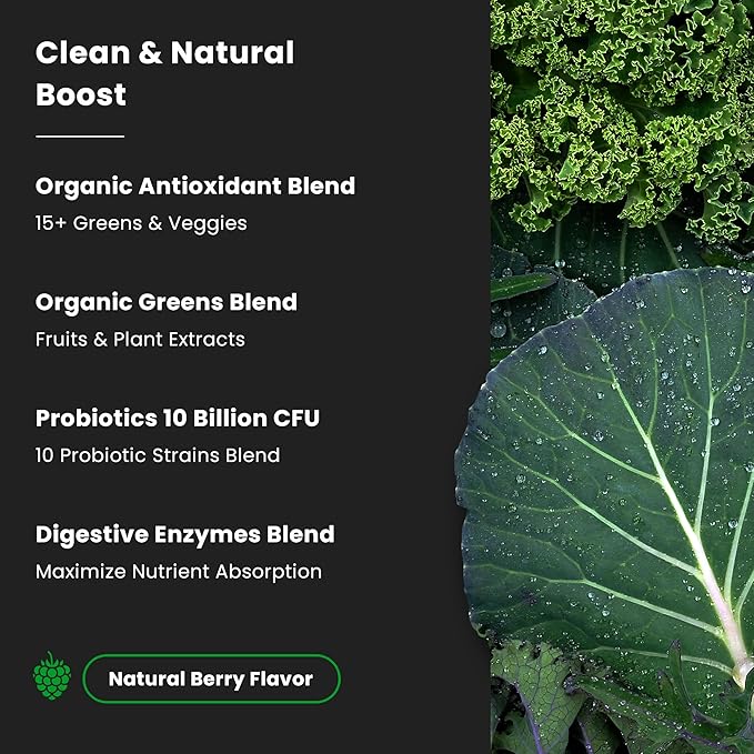 NutraChamps Super Greens Powder Premium Superfood | 20+ Organic Green Veggie Whole Foods | Wheat Grass, Spirulina, Chlorella | Antioxidant, Digestive Enzyme & Probiotic Blends (9.0 Oz, Berry)