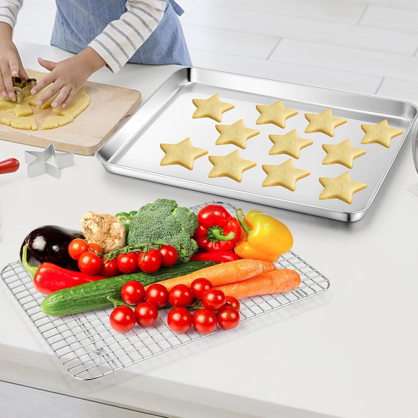 TeamFar Cookies Sheet with Rack, 16 x 12 x 1 Inch Stainless Steel Baking Sheet Tray Pans with Grid Wire Racks for Cooling Baking Roasting, Non-Toxic & Heavy Duty, Dishwasher Safe, 2 Pans + Racks