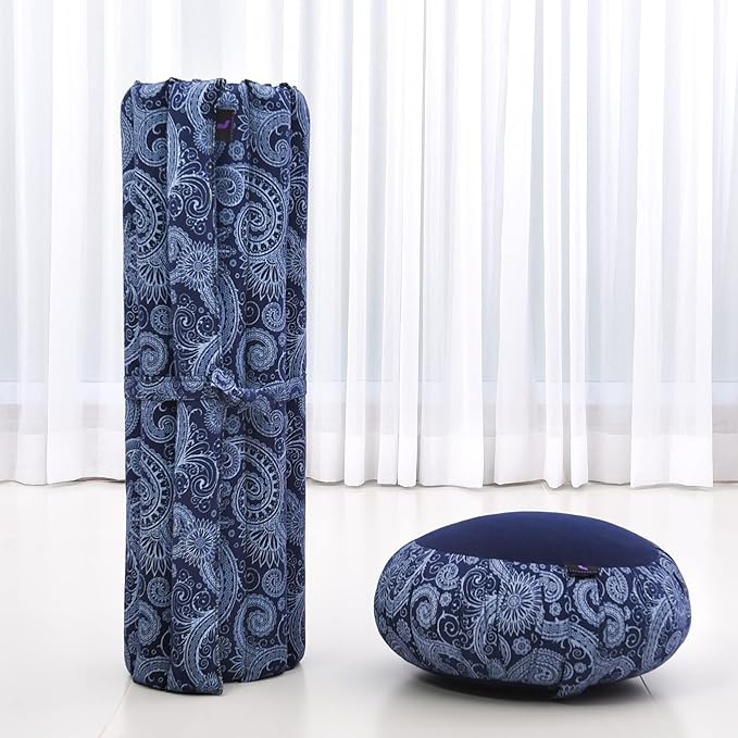 Leewadee Meditation Cushion Set – 1 Round Zafu Meditation Pillow and 1 Square Roll-Up Zabuton Meditation Mat, Pillows Bundle Filled with Kapok