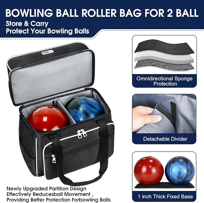 CAB55 2 Ball Bowling Bag with 4 Wheels, Double Bowling Ball Bag with Separate Shoe Compartment, (Up To US Men Size 16), and Multiple Multifunctional Accessory Pockets