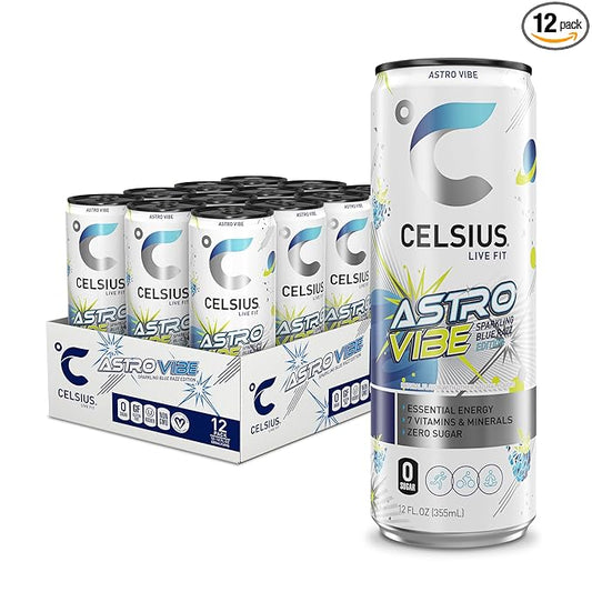 CELSIUS ASTRO VIBE Sparkling Blue Razz, Sugar Free Energy Drink, 12 Fl Oz (Pack of 12)